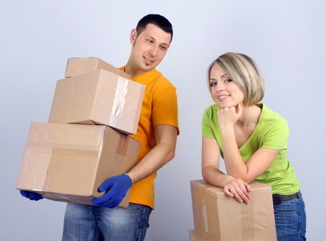 Packed office equipment prepared for a local commercial move