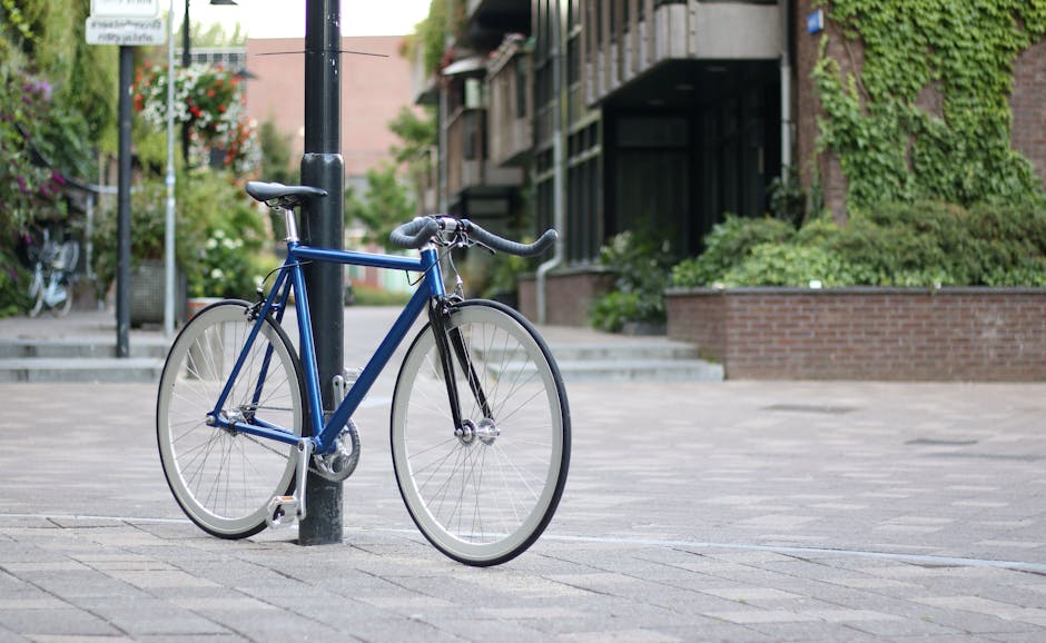 A blue bicycle with a black saddle and handlebar grips is locked to a black metal pole on a paved pavement outside a building. The bicycle's frame is positioned upright, with thin white-walled tires, and no visible rider. In the background, there are steps leading up to a building entrance, greenery including bushes and ivy growing on the brick wall, and other bicycles parked further along the sidewalk. The scene is well-lit with natural daylight, and the environment suggests an urban area suitable for residential or commercial housing. This image aligns with services related to house removals and relocation, illustrating the urban context in which furniture transport and packing processes are often undertaken, relevant to the services offered by Removals Harringay.